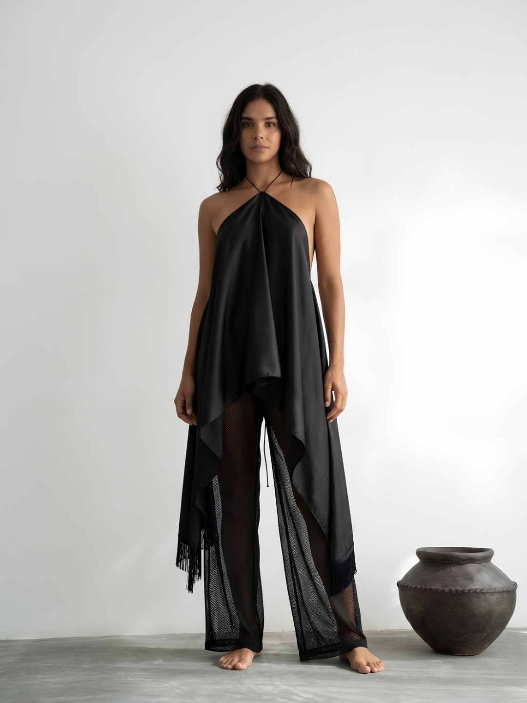 Asymmetric Fringe Halter Top
