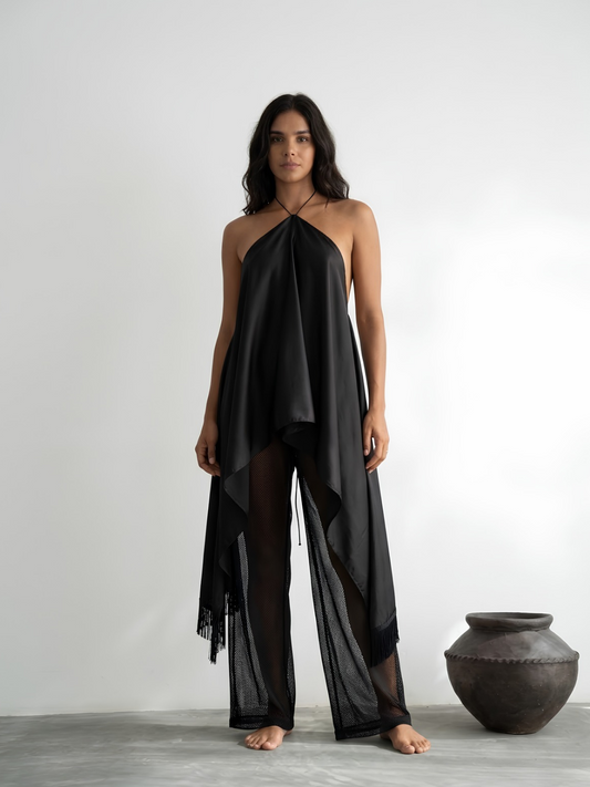Asymmetric Fringe Halter Top